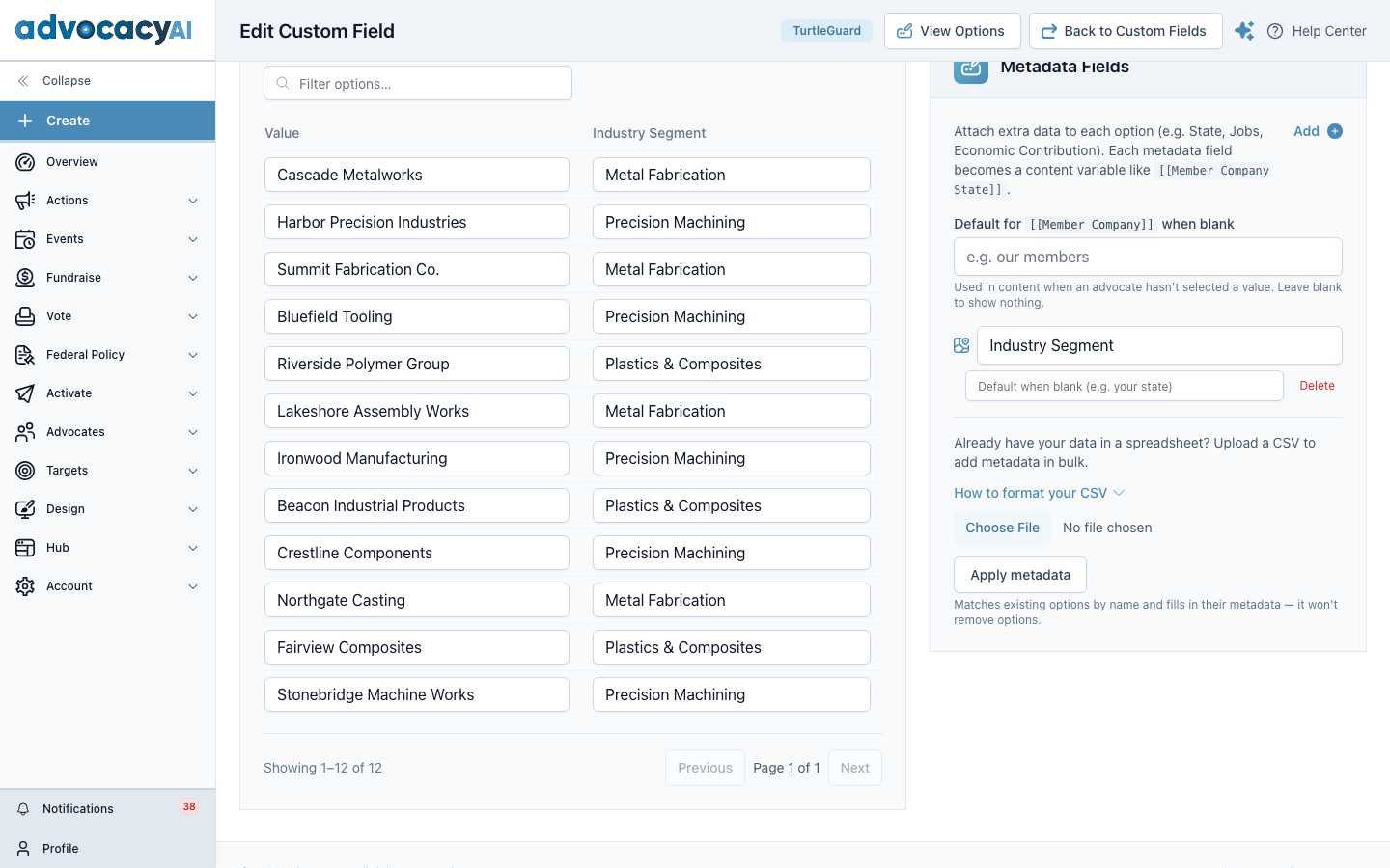 A Member Company custom field where every option carries an Industry Segment metadata value